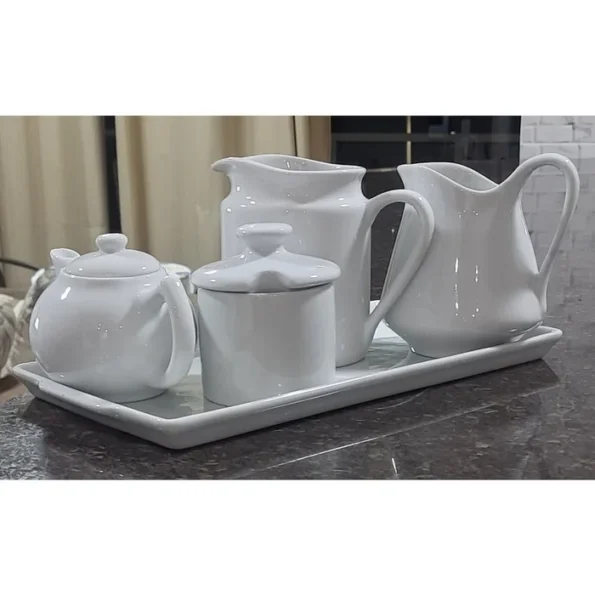 Jogo Café e Chá Mesa Posta, Bandeja + Bule Chaleira 400ml + Açucareiro 250ml + Jarra Leiteira 740ml Branca - Imagem 2