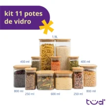 Kit 11 Potes de Vidro com Tampa de Bambu Herméticos Quadrados