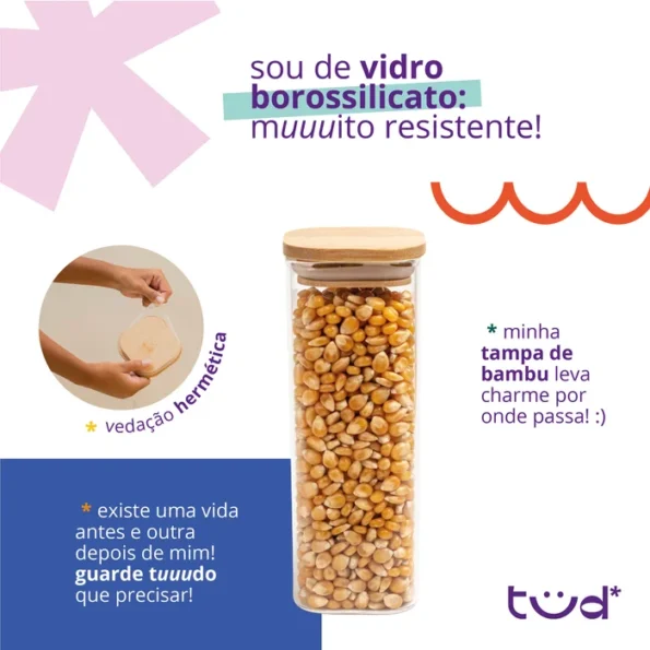 Kit 11 Potes de Vidro com Tampa de Bambu Herméticos Quadrados - Imagem 5