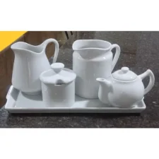 Jogo Café e Chá Mesa Posta, Bandeja + Bule Chaleira 400ml + Açucareiro 250ml + Jarra Leiteira 740ml Branca